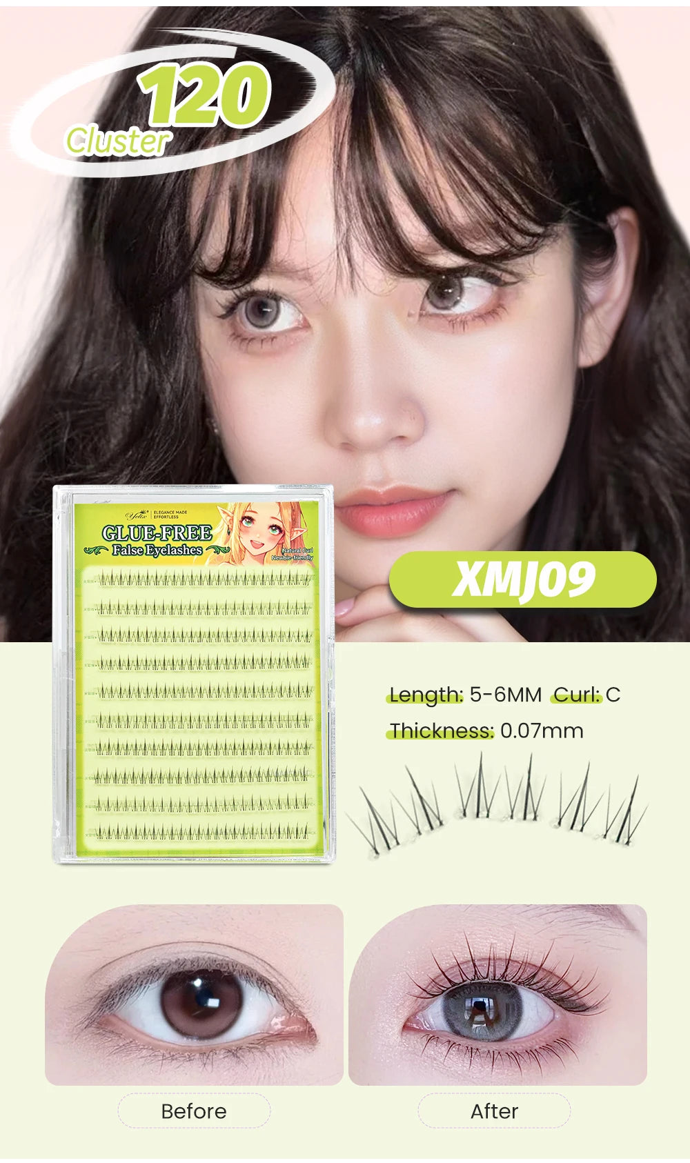 Yelix Self Adhesive Korean Manga Style Cluster Lashes 10 Row Natural Soft