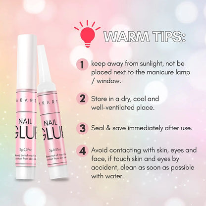 Two bottles of nail glue with usage instructions on a gradient background