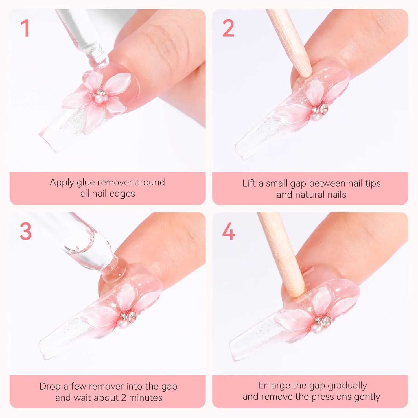Step-by-step guide on applying press-on nails with text instructions.