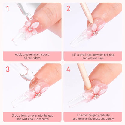 Step-by-step guide on applying press-on nails with text instructions.