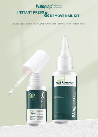 Nailpop instant press & remove nail kit with two bottles on a light green background