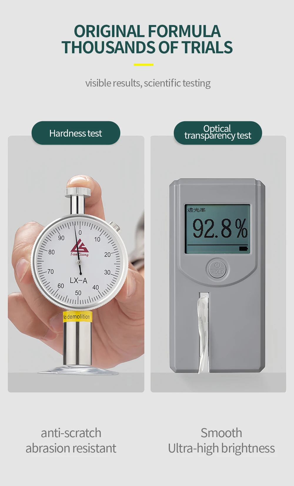 Hardness test gauge and optical transparency tester with text on a white background