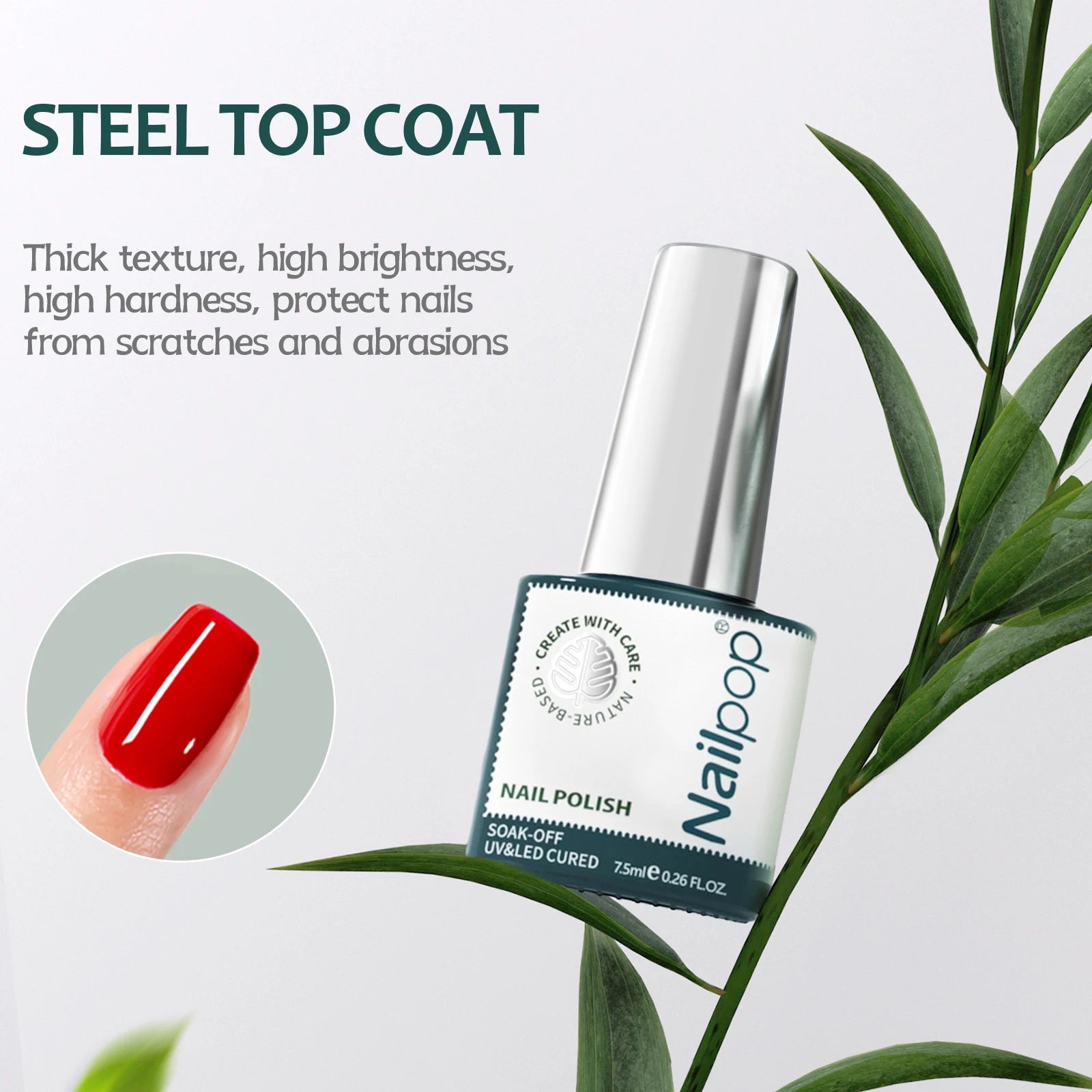 Nail polish bottle with red nail color and green leaves in the background