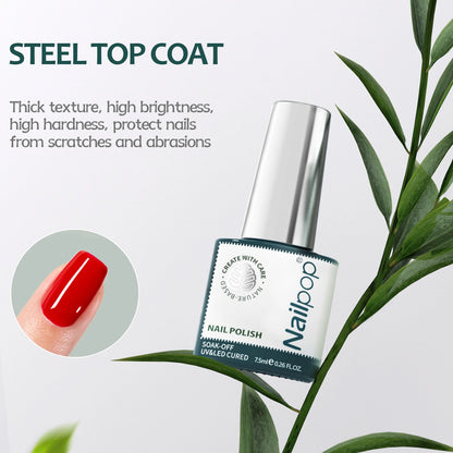 Nail polish bottle with red nail color and green leaves in the background