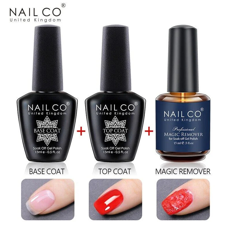 Three nail polish bottles from NAIL CO with product names and images of nails with red nail polish.