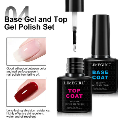 LimeGirl base and top gel polish set with application examples on nails.