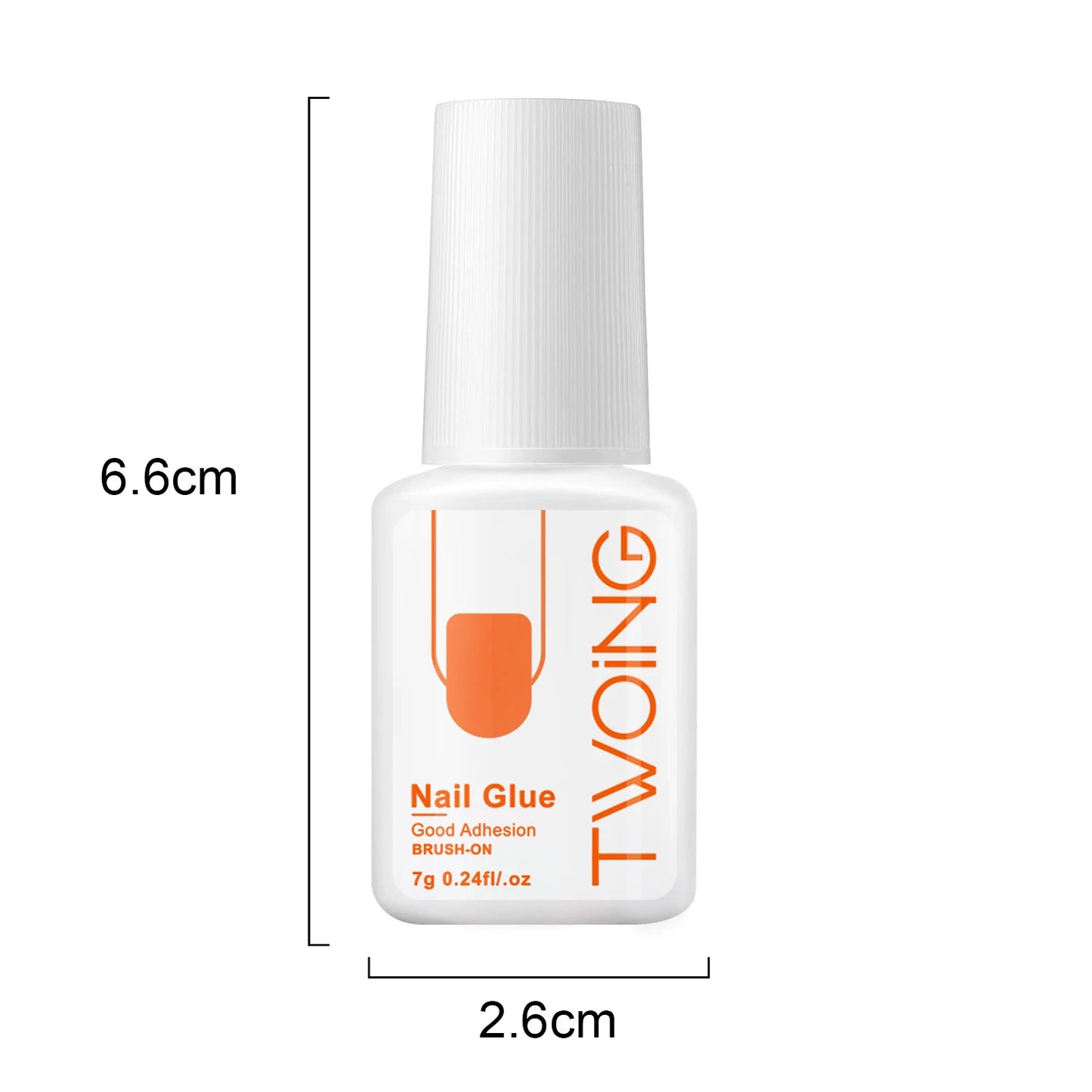 Bottle of nail glue with dimensions labeled on a white background