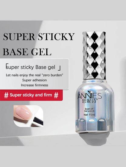 Super sticky base gel bottle with text on a white background