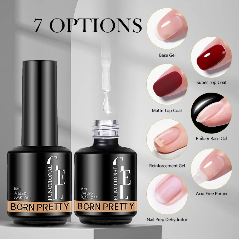 Two black gel nail polish bottles with a display of nail color options on a gray background.
