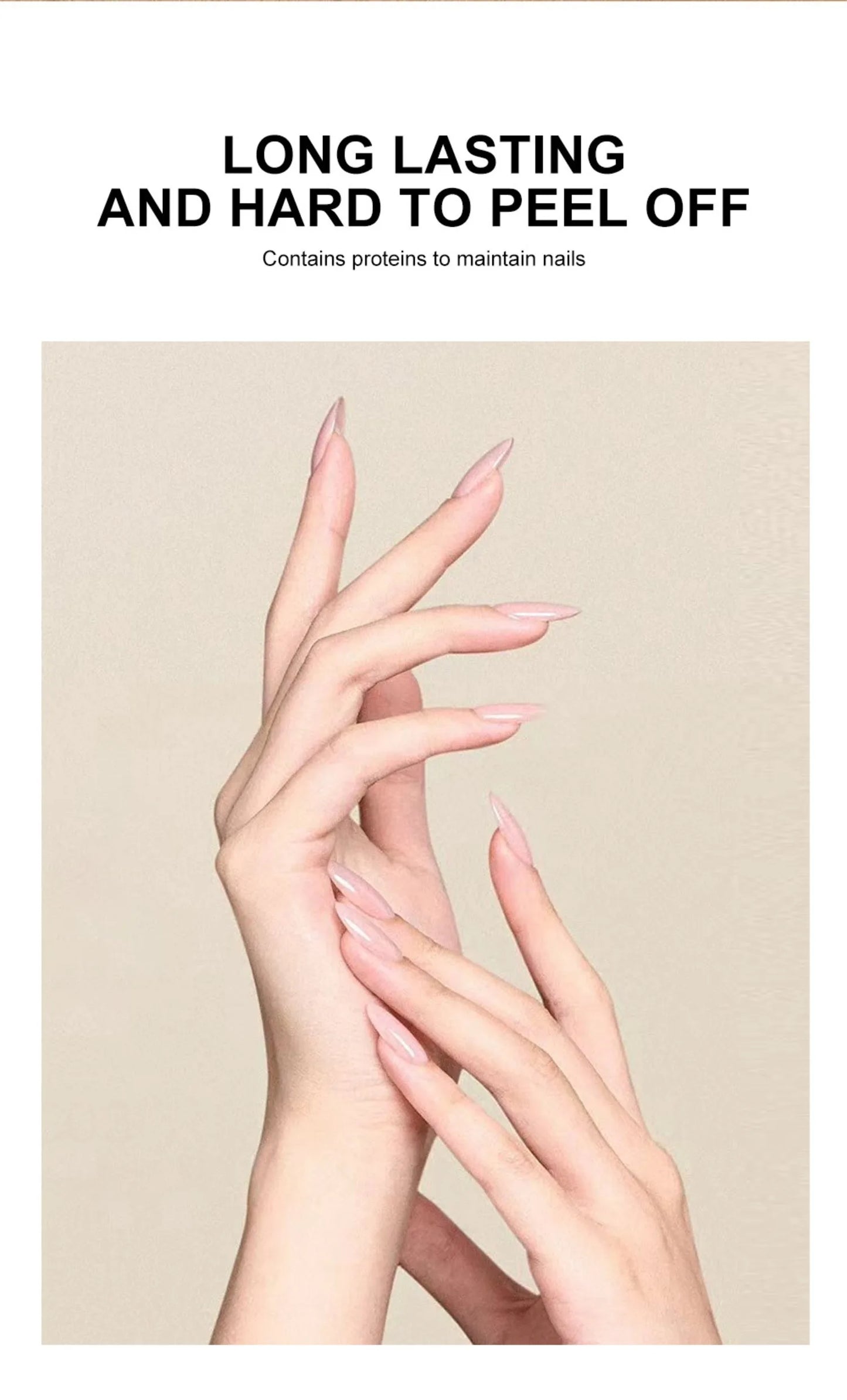 Close-up of hands with long, manicured nails on a beige background