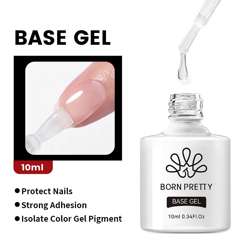 Bottle of Born Pretty base gel with dropper and nail application, labeled 10ml.