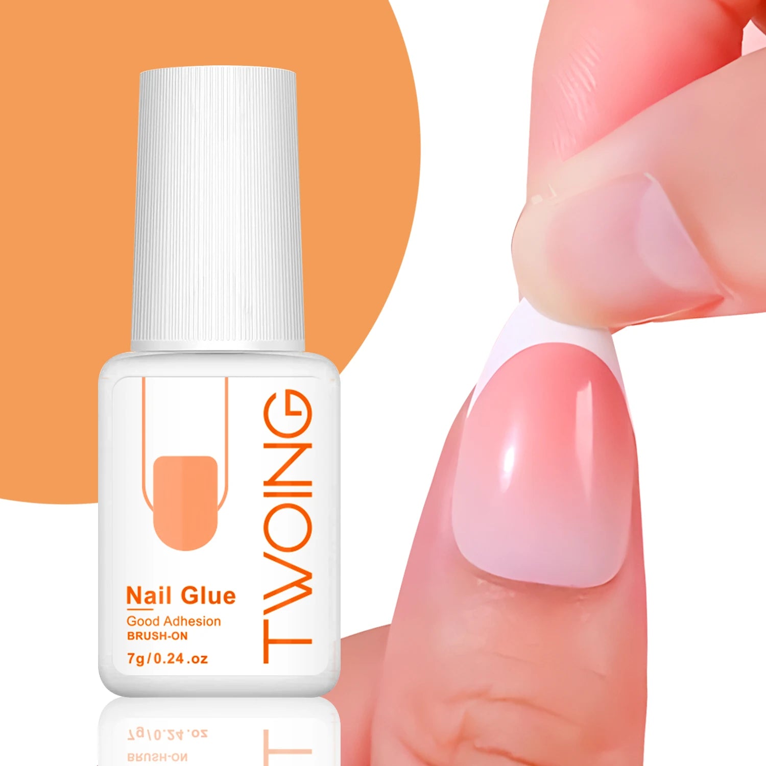 Nail glue bottle with a hand showing a manicured nail against an orange background