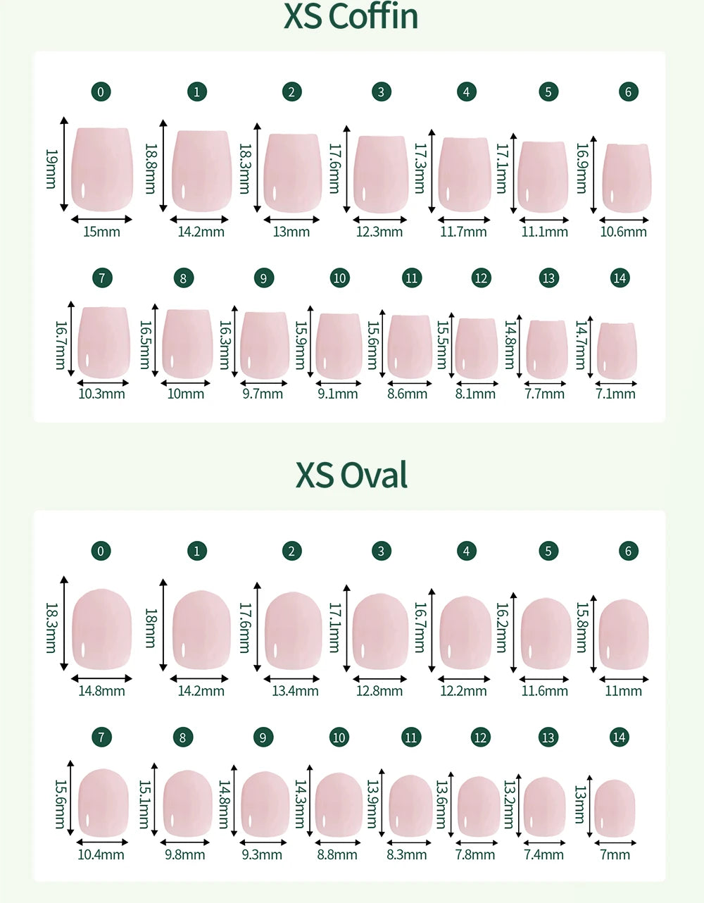 Nail shape chart comparing XS Coffin and XS Oval nail shapes with dimensions.