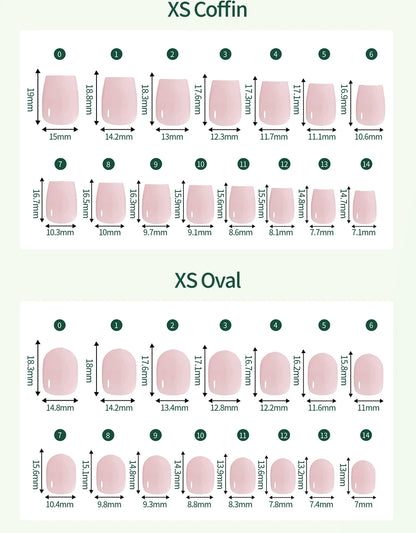 Nail shape chart comparing XS Coffin and XS Oval nail shapes with dimensions.