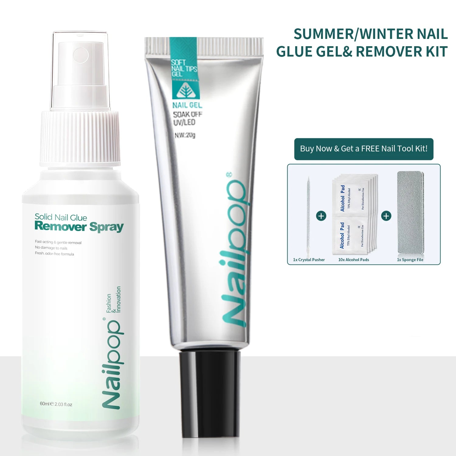 Nailoo nail glue gel and remover kit with spray on a white background
