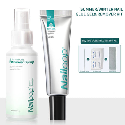 Nailoo nail glue gel and remover kit with spray on a white background