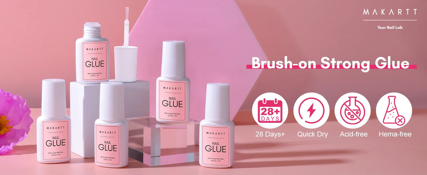 Makartt nail glue bottles on a pink background with product features displayed.