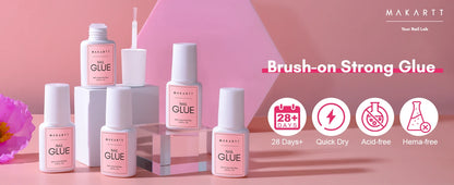 Makartt nail glue bottles on a pink background with product features displayed.