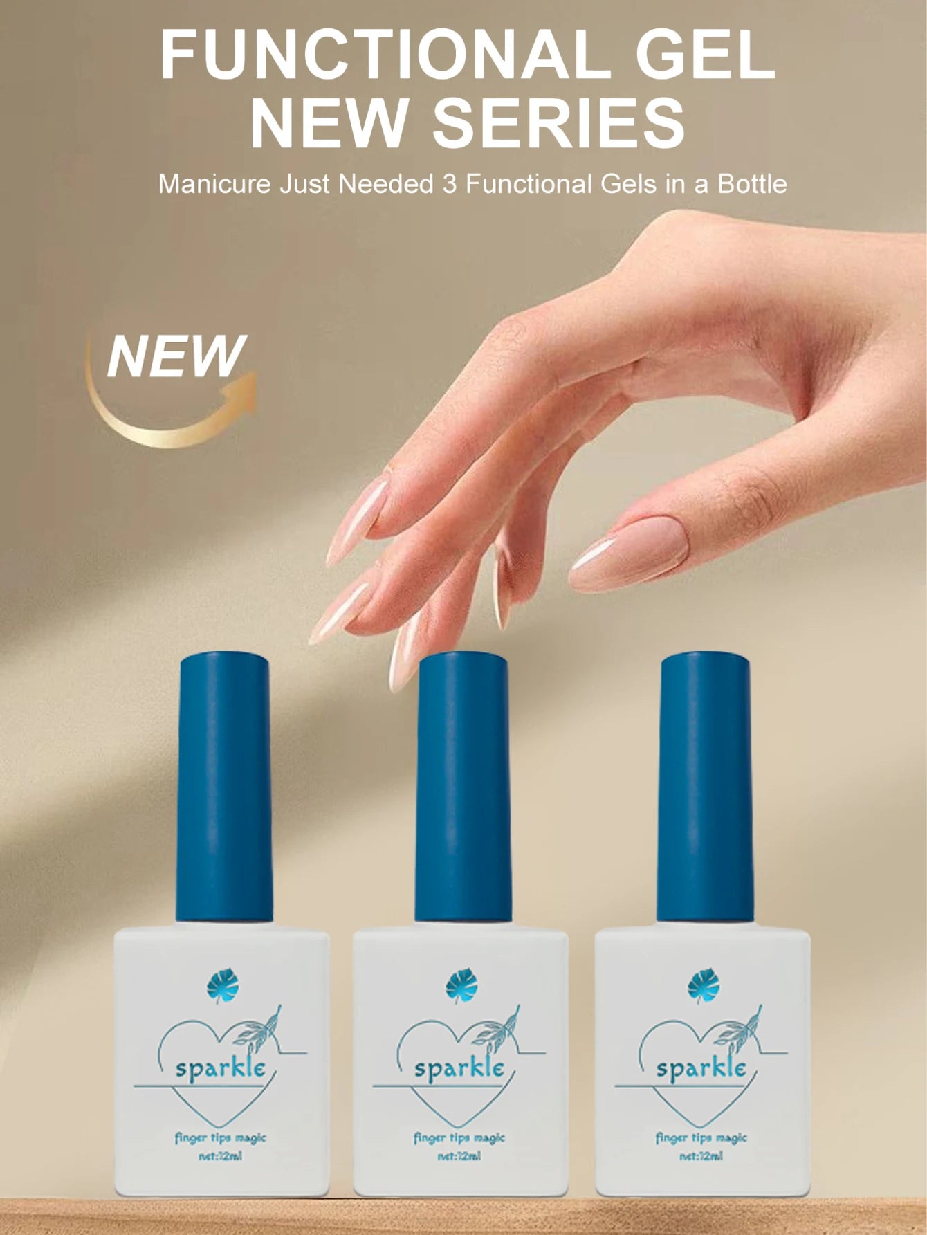 Three bottles of 'sparkle' functional gel with a hand holding a nail, set against a beige background.