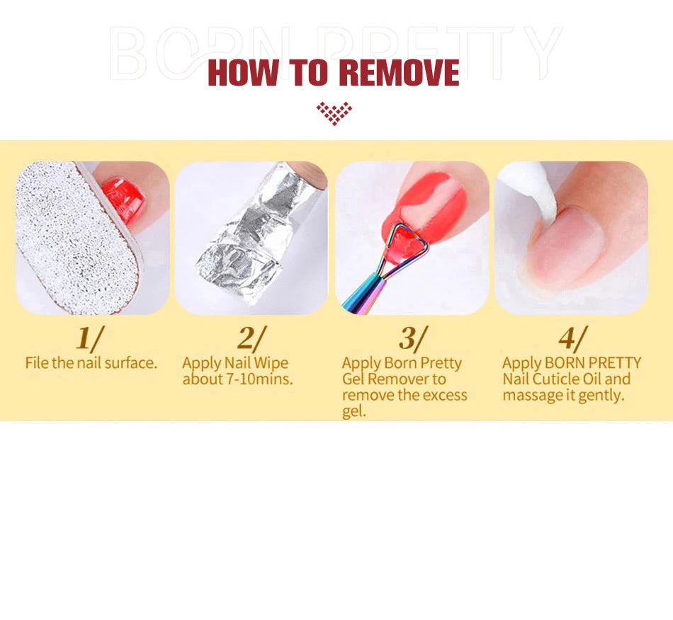 Step-by-step guide on how to remove nail polish with images and text.