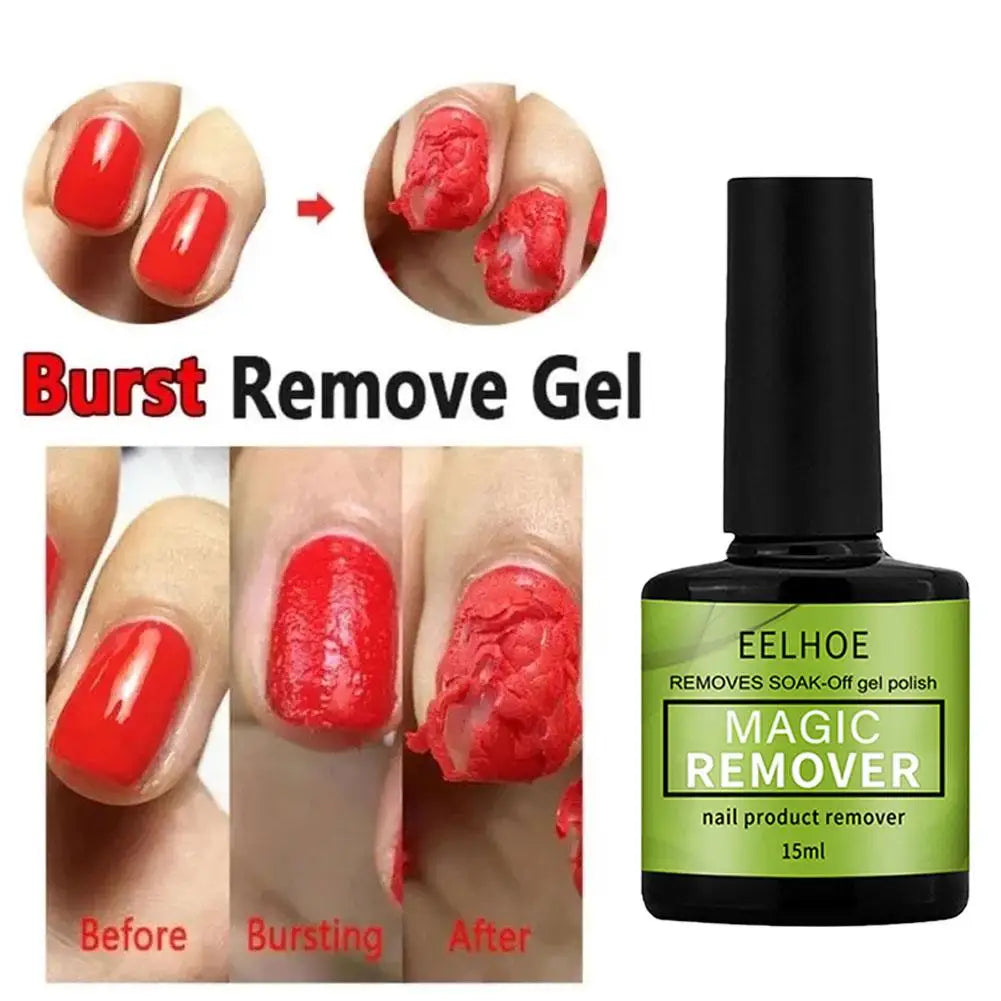 Eelhoe Magic Remover bottle with before and after images of a burst red gel nail polish.