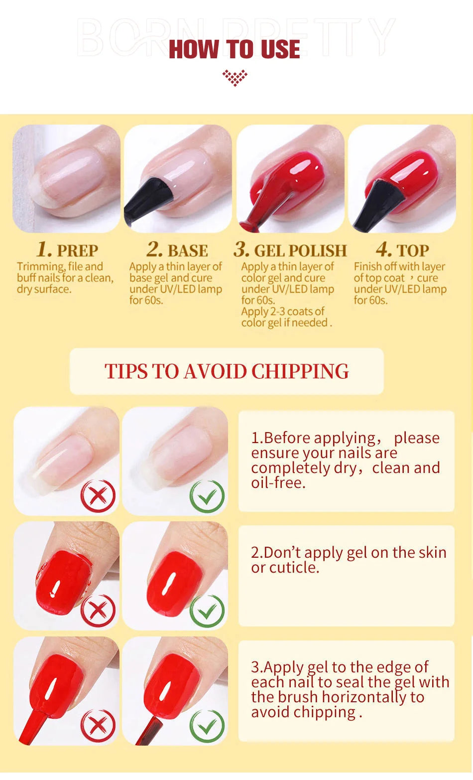 Instructions on how to use gel polish with tips to avoid chipping on a yellow background.