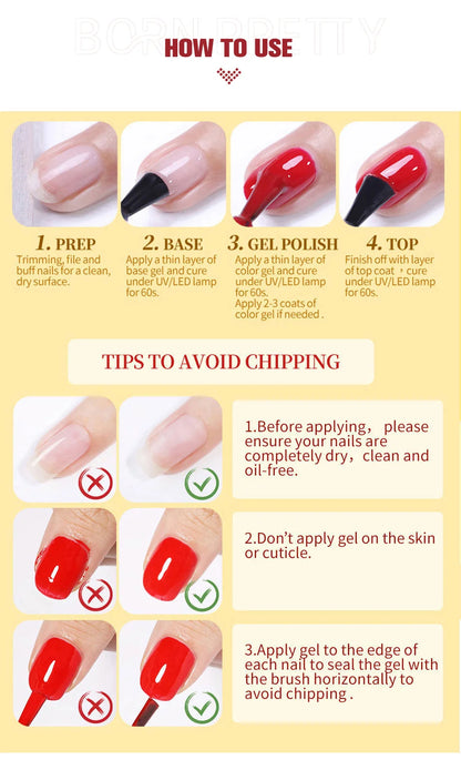 Instructions on how to use gel polish with tips to avoid chipping on a yellow background.