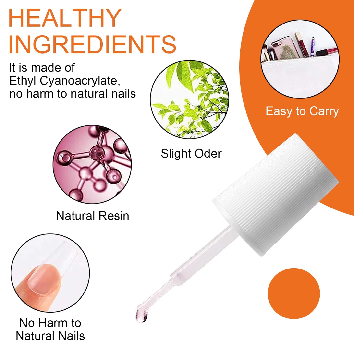 Product with text about healthy ingredients and features on an orange background