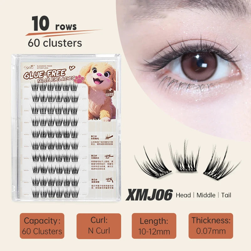 Yelix Self Adhesive Korean Manga Style Cluster Lashes 10 Row Natural Soft