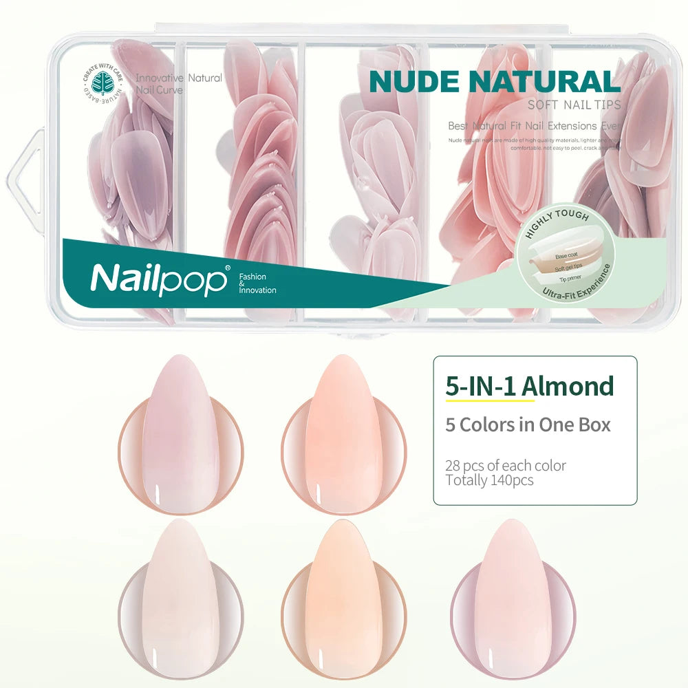 Nail pop nail tip packaging with 5-IN-1 Almond design on a white background