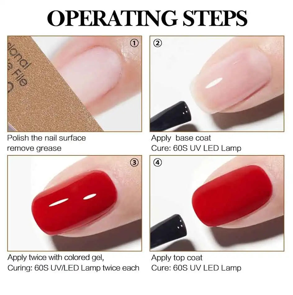 Step-by-step guide for applying red nail polish with UV LED lamp.