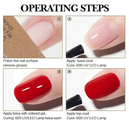 Step-by-step guide for applying red nail polish with UV LED lamp.
