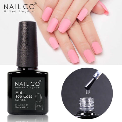 Nail Co gel polish bottle with pink nails and application process