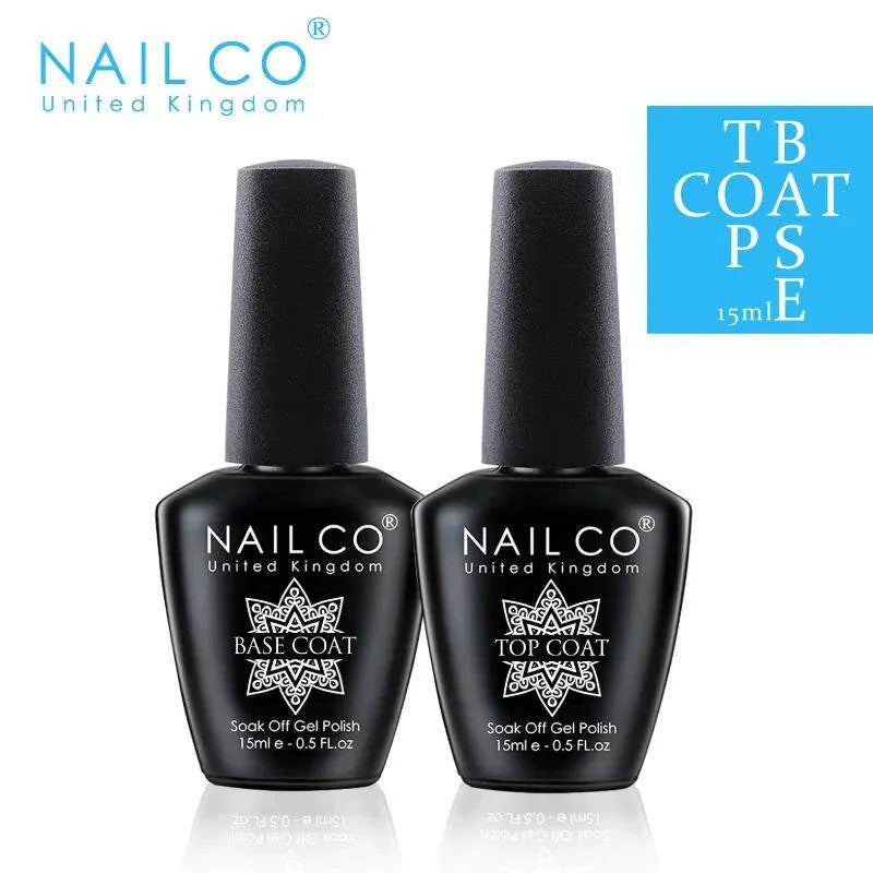 Two black nail polish bottles labeled 'Base Coat' and 'Top Coat' by NAIL CO on a white background.