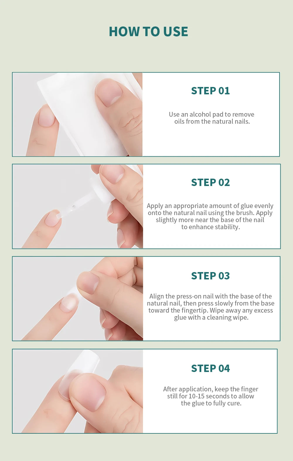 Step-by-step guide on how to use nail glue with images of hands and text instructions.