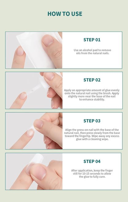 Step-by-step guide on how to use nail glue with images of hands and text instructions.