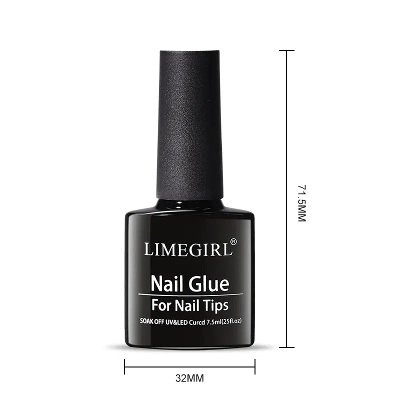 Black bottle of Limegirl nail glue for nail tips with measurements on a white background