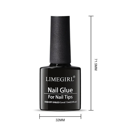 Black bottle of Limegirl nail glue for nail tips with measurements on a white background