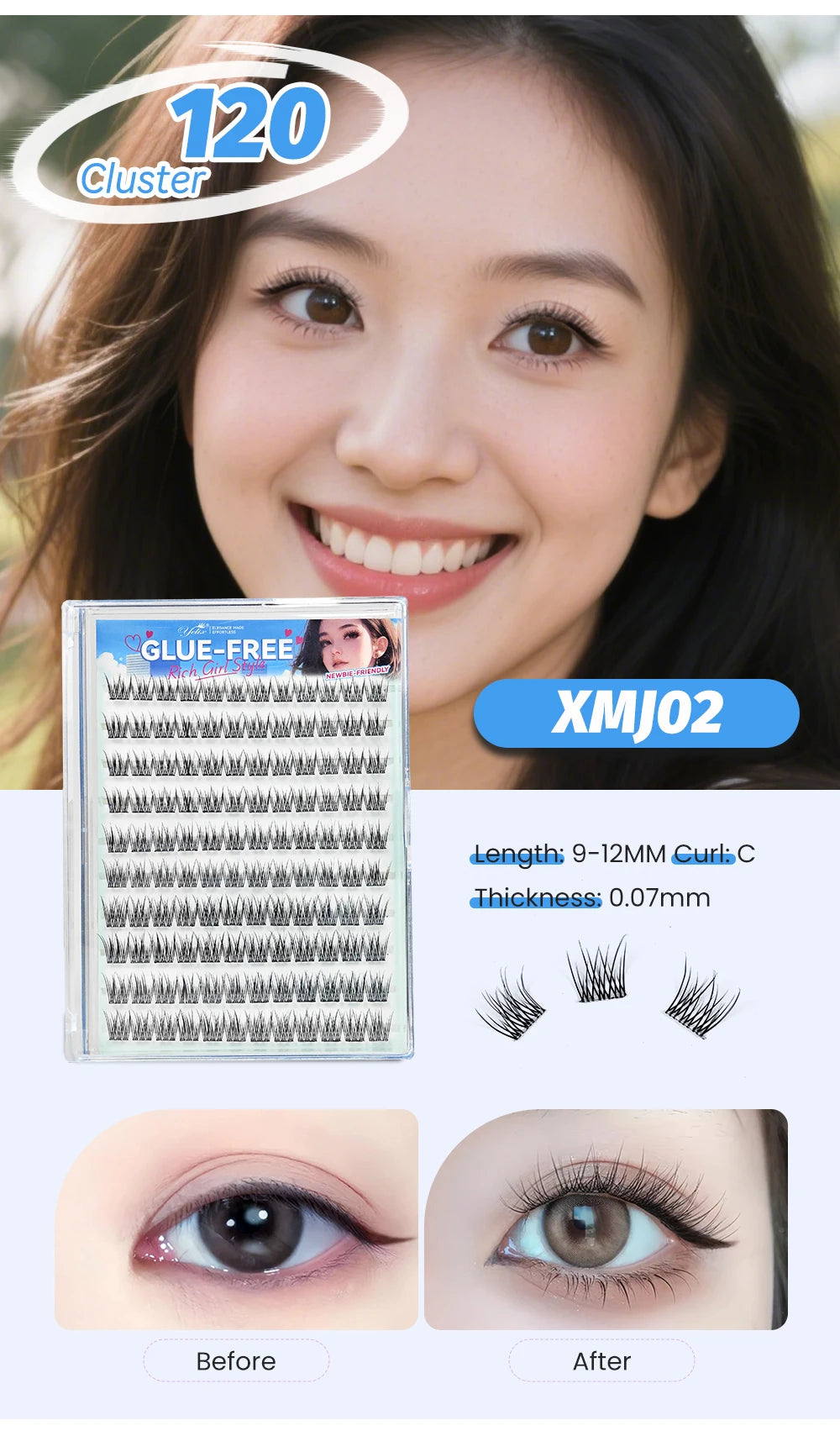Yelix Self Adhesive Korean Manga Style Cluster Lashes 10 Row Natural Soft