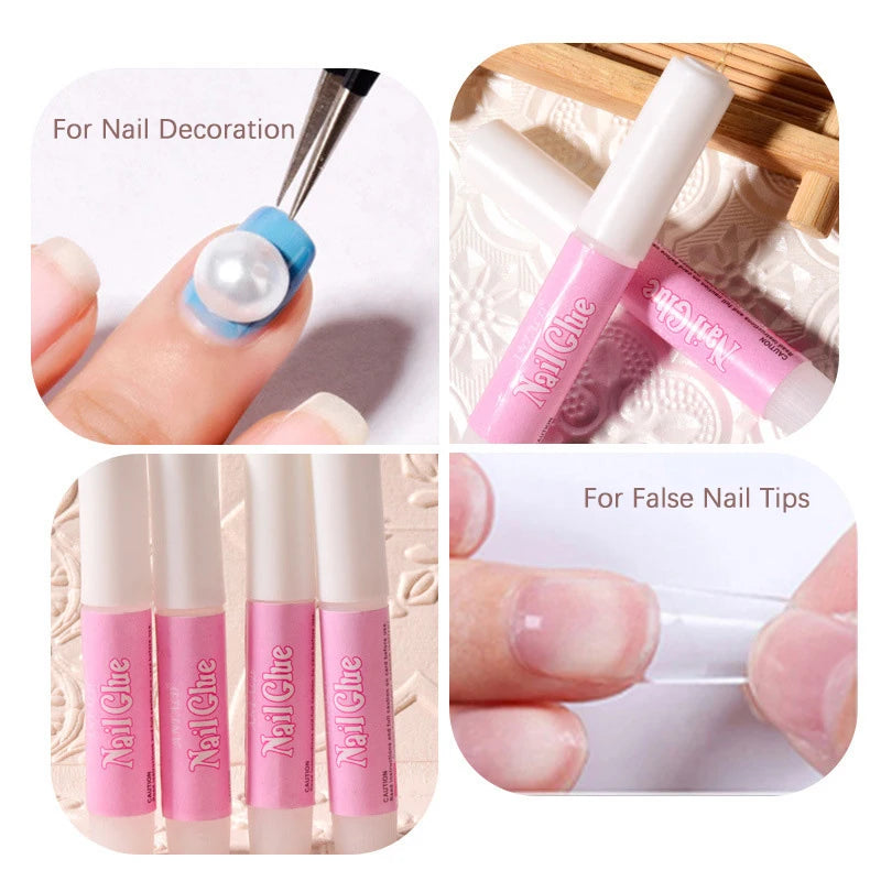 Collage of nail decoration tools and products with text indicating use for nail decoration and false nail tips.