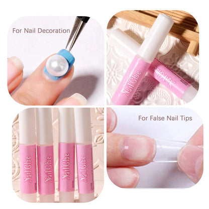 Collage of nail decoration tools and products with text indicating use for nail decoration and false nail tips.
