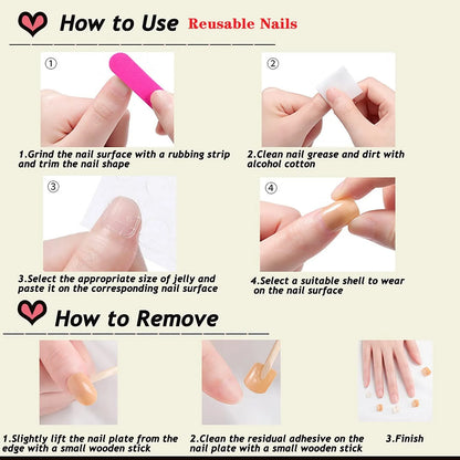 Step-by-step guide on how to use and remove reusable nails with illustrations and text.
