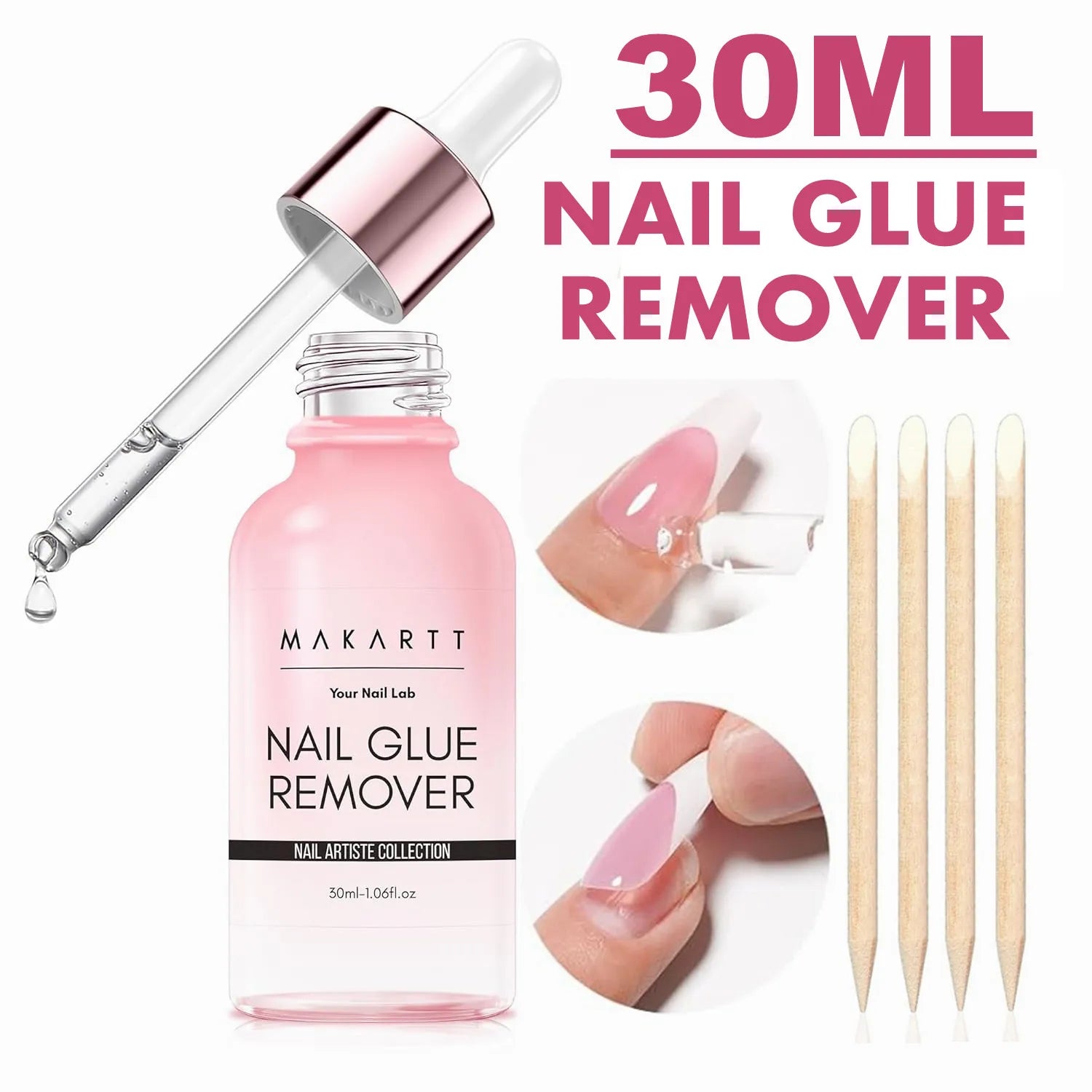 Makartt nail glue remover with applicator and wooden sticks on a white background
