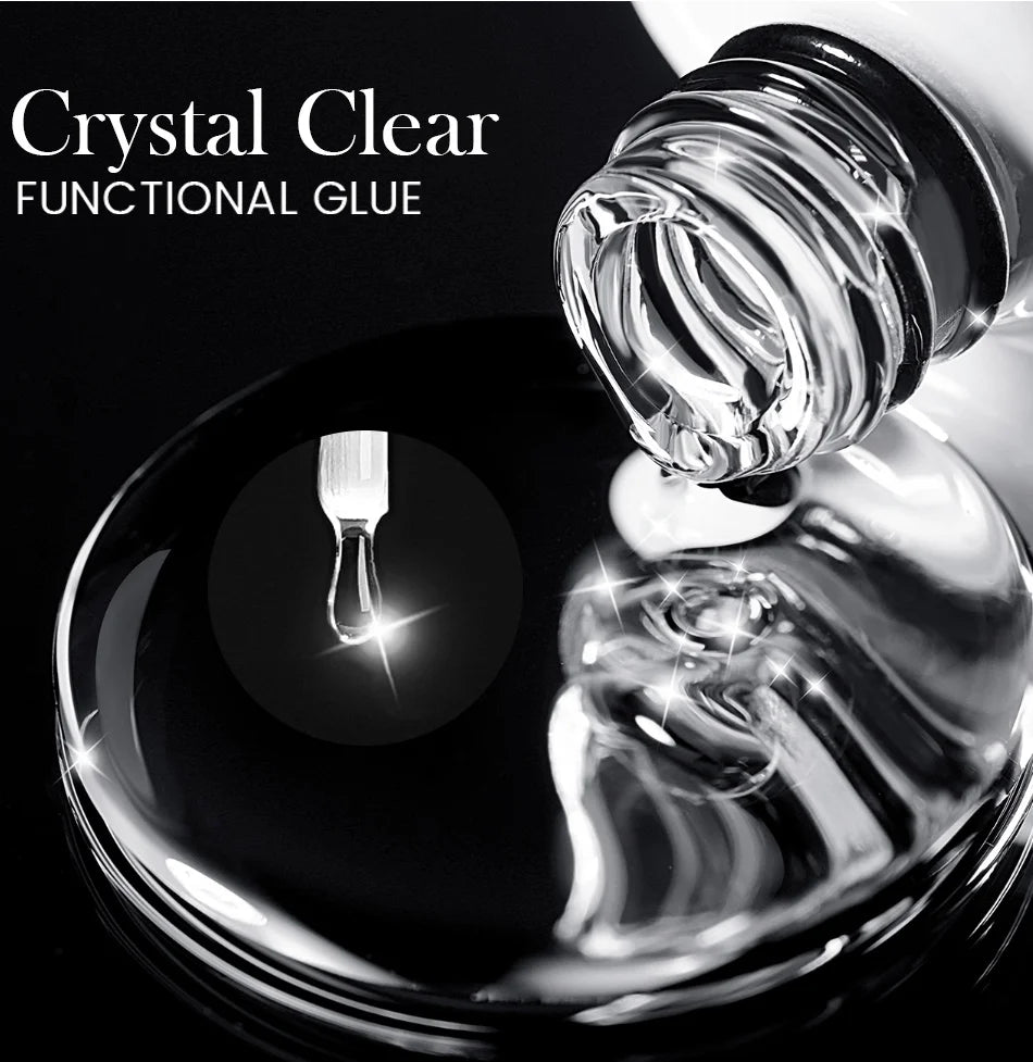 Crystal clear functional glue being applied with a dropper on a reflective surface.