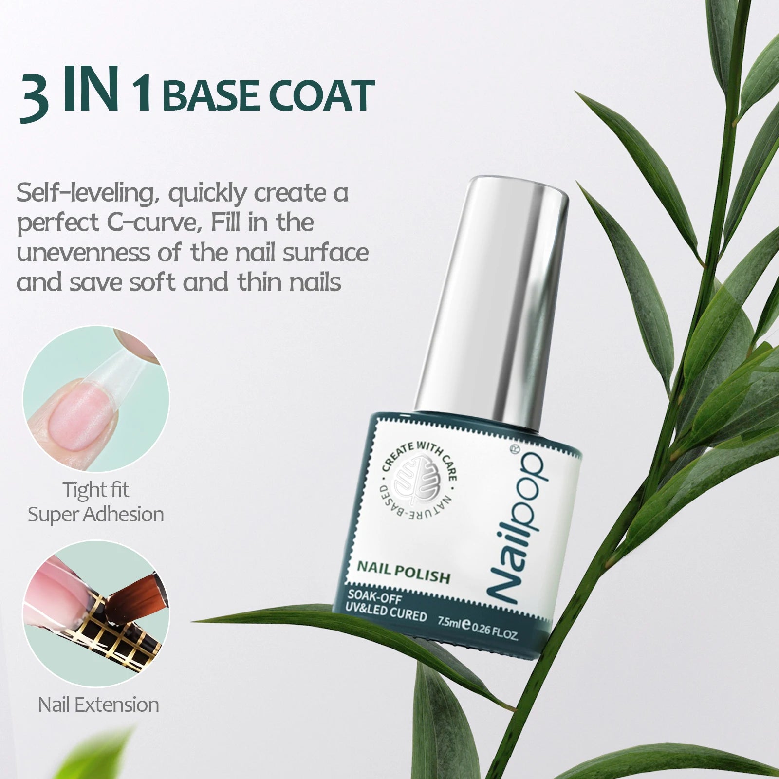 Nail polish bottle with green leaves on a light background