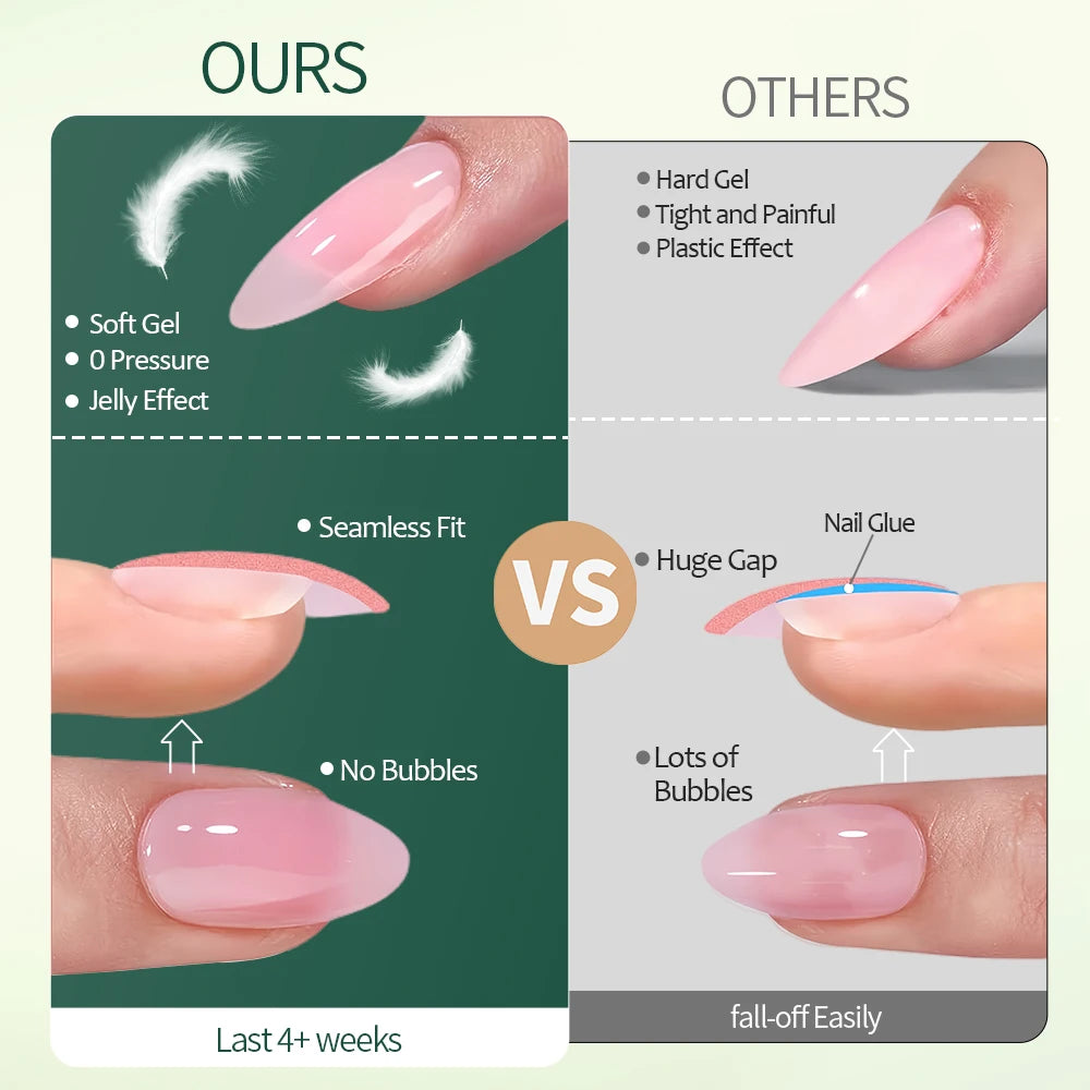 Comparison chart of soft gel nails versus hard gel nails with visual examples.