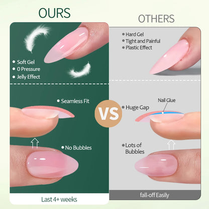 Comparison chart of soft gel nails versus hard gel nails with visual examples.