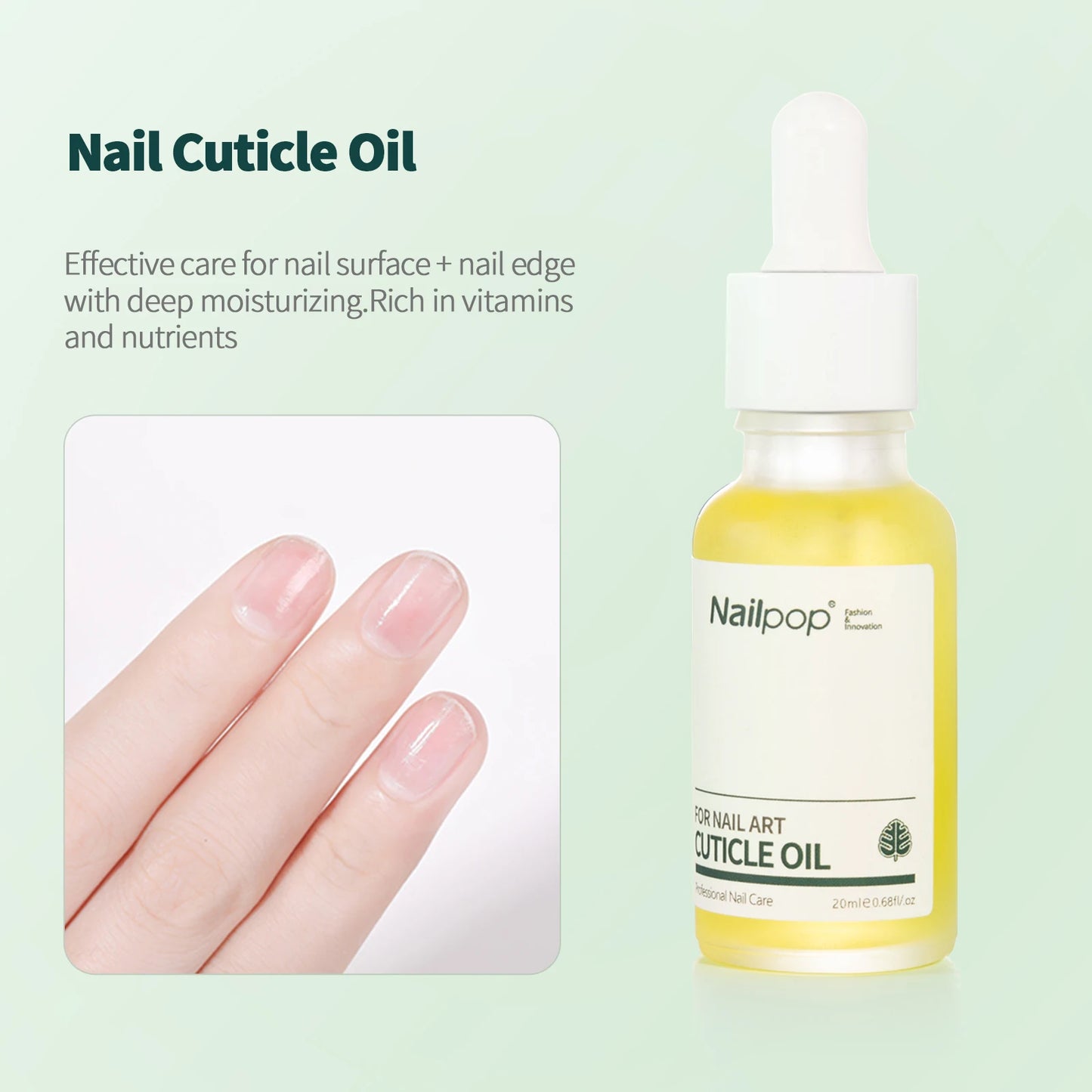 Nail cuticle oil bottle with a hand showing nails and cuticles on a light green background