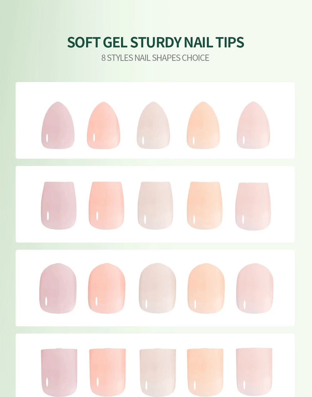 Display of soft gel sturdy nail tips with various pink and beige colors on a light green background.