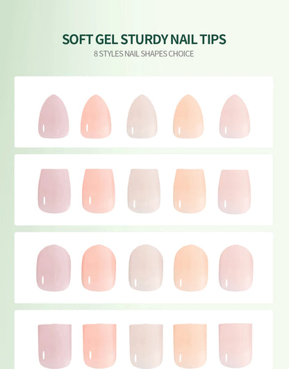 Display of soft gel sturdy nail tips with various pink and beige colors on a light green background.